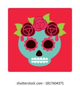 day of the dead, green sugar skull with flowers and leaves decoration, mexican celebration icon block and flat vector illustration