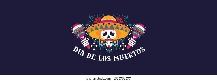 Day of dead greeting banner or invitation card vector illustration. Dia de los muertos template with skull maracas and multicolored flowers flat style concept. Mexican holiday concept