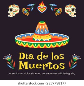 Día de la muerte del concepto de tarjeta de saludo. Fiesta y festival mexicano tradicional. Calavera, sombrero y flores. Paquete de pegatinas. Afiche o cartel para el sitio web. Dibujo vectorial plano de dibujos animados