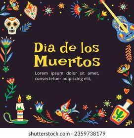 Día de la muerte del concepto de tarjeta de saludo. Fiesta y festival mexicano tradicional. Calavera, vela en plato y guitarra. Postal de investigación para el Día de los Muertos. Dibujo vectorial plano de dibujos animados