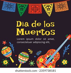 Day of dead greeting card concept. Traditional mexican holiday and festival. Maracases with guitar. Day of Deads. Template, layout and mock up. Cartoon flat vector illustration