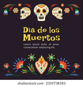 Day of dead greeting card concept. Traditional mexican holiday and festival. Skulls in flowers patterns. Culture and ethnicity. Poster or banner for website. Cartoon flat vector illustration