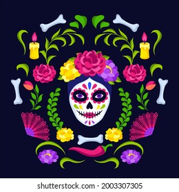 Day of the Dead greeting card. Dia de los muertos. Mexican celebration.