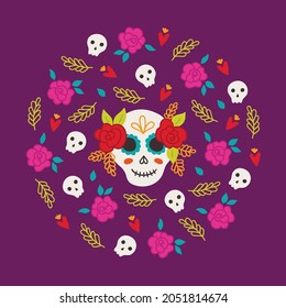 Day of the dead greeting card with rose, hearts, skull, branches on violet background. Dia de los muertos. Circle ornament in cartoon style. Perfect for Mexican holidays. Vector illustration