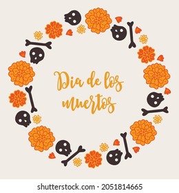 Day of the dead greeting card with skull, marigold, bones on white background. Dia de los muertos. Circle wreath in cartoon style. Perfect for Mexican holidays. Vector illustration