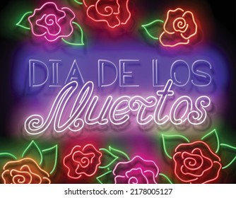 Day of the Dead Greeting Card Template with Dia de Los Muertos Inscription. Shiny Neon Poster, Flyer, Banner, Postcard, Invitation. Glossy Background. Vector 3d Illustration