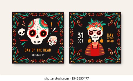 Day of dead greeting cards templates. Catrina symbol, decorated sugar skulls illustration. Cartoon human skeleton in national costume. Traditional mexican festive postcards, invitations.