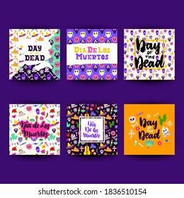 Day Of Dead Greeting Postcards. Vector Illustration of Mexican Holiday Greeting Cards.