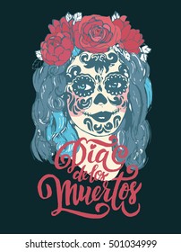 Day of the Dead greeting poster with beautiful girl in wreath and holiday make up on dark background
