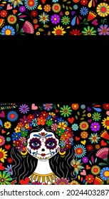 Day of the dead and Halloween. Catrina Dia de los muertos. Mexican tradition, festival. Day of the dead Woman make up of sugar skull. Calavera Catrina banner. Dia de los Muertos tattoo background.