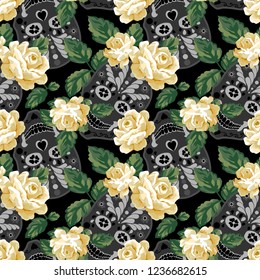 Day of the dead, Halloween, Dia de los muertos print background, seamless pattern design Floral skull background
