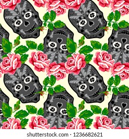 Day of the dead, Halloween, Dia de los muertos print background, seamless pattern design Floral skull background