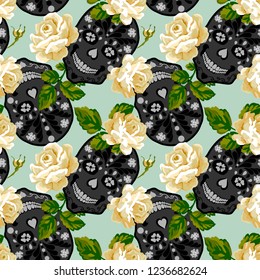 Day of the dead, Halloween, Dia de los muertos print background, seamless pattern design Floral skull background
