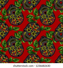 Day of the dead, Halloween, Dia de los muertos print background, seamless pattern design Floral skull background