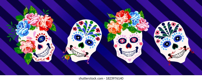 Day of the dead, Halloween, Dia de los muertos horizontal banner floral colorful skull, pattern design background