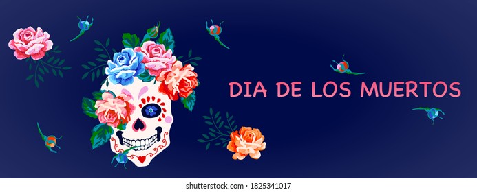 Day of the dead, Halloween, Dia de los muertos horizontal banner floral colorful skull, pattern design background