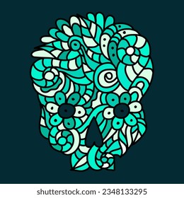 Day of The Dead or Halloween doodle aqua green skull with floral ornament. Hand drawn vector illustration isolated over black.