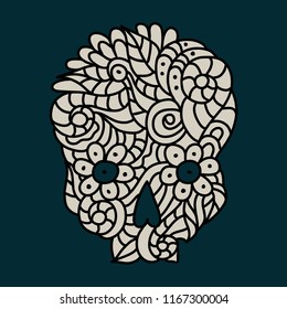 Day of The Dead or Halloween doodle beige skull with floral ornament. Hand drawn vector illustration isolated over black.