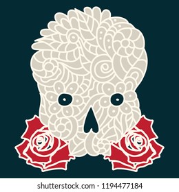 Day of The Dead or Halloween doodle beige skull with red roses, dark background and light contour. Hand drawn vector illustration.