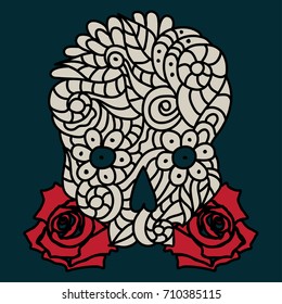 Day of The Dead or Halloween doodle beige skull with red roses. Hand drawn vector illustration isolated over black.