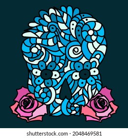 Day of The Dead or Halloween doodle blue skull with roses. Hand drawn vector illustration isolated over black.