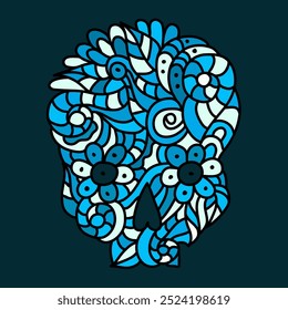 Day of The Dead or Halloween doodle blue skull with floral ornament. Hand drawn vector illustration isolated over black.