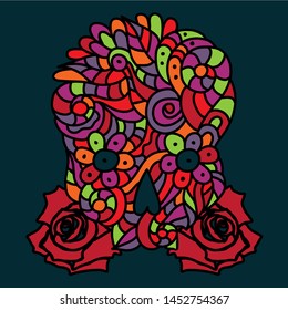Day of The Dead or Halloween doodle multicolor skull with red roses. Hand drawn vector illustration isolated over black.