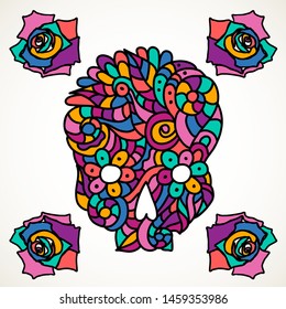 Day of The Dead or Halloween doodle multicolor skull with roses. Hand drawn vector illustration isolated over white.