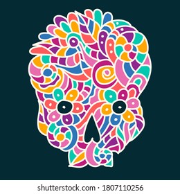 Day of The Dead or Halloween doodle multicolor skull with floral pattern, dark background and light contour. Hand drawn vector illustration.
