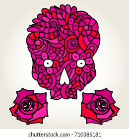 Day of The Dead or Halloween doodle pink skull with roses. Hand drawn vector illustration isolated over white.