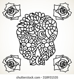 Day of The Dead or Halloween doodle skull with floral ornament and roses, isolated over white.