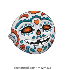 Day of the Dead. Halloween. Emoji Smiling Face with Open Mouth. Dia de Los Muertos. Vector Illustration With Festive Skull, Flowers Decoration