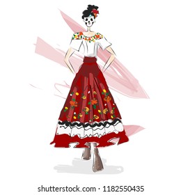 Day of the dead, Halloween fashion design illustration watercolor sketch. Mexican traditional dress and flower skull mask.