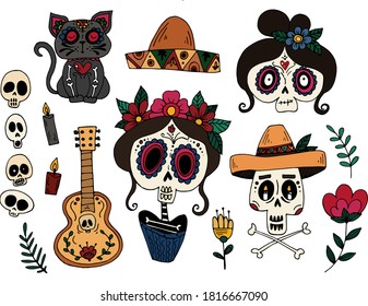 los iconos del día de los muertos y de halloween están listos. ilustración vectorial. conjunto de pegatinas de estilo doodle