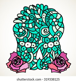 Day of The Dead or Halloween light green doodle skull with floral ornament and two pink roses.