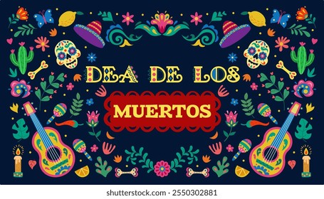 Un día muerto. Halloween mexicano. Decoración de México cráneo ornamento de flores. Fiesta otoño noviembre. Latina de la muerte tradicional. Celebración mexicana de muertos. Cactus y guitarra. Anuncio de fondo. Vector de fondo ordenado