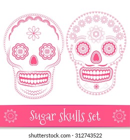Day of the dead, Halloween, Mexican sugar skull vector illustration set. Line art skull design elements