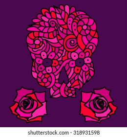 Day of The Dead or Halloween pink doodle skull with floral ornament and two roses over purple background.
