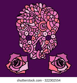Day of The Dead or Halloween pink doodle skull with floral ornament and two roses over purple background.