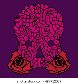 Day of The Dead or Halloween pink doodle skull with floral ornament and two roses over purple background.