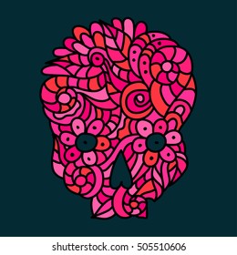 Day of The Dead or Halloween pink doodle sugar skull with floral ornament over dark gray.