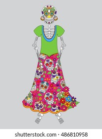 Day of the Dead or Halloween Skeleton Woman in Vector Format