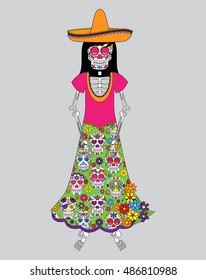 Day of the Dead or Halloween Skeleton Woman in Vector Format