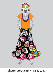 Day of the Dead or Halloween Skeleton Woman in Vector Format