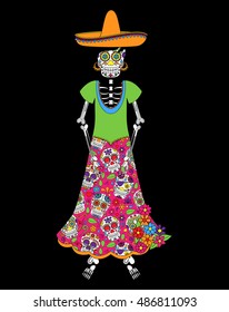 Day of the Dead or Halloween Skeleton Woman in Vector Format