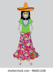 Day of the Dead or Halloween Skeleton Woman in Vector Format