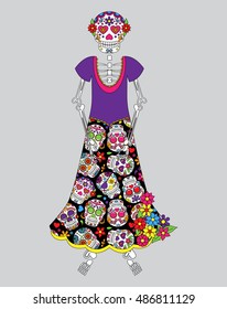 Day of the Dead or Halloween Skeleton Woman in Vector Format