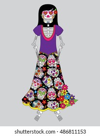 Day of the Dead or Halloween Skeleton Woman in Vector Format