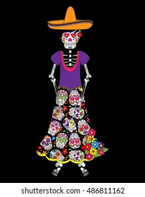 Day of the Dead or Halloween Skeleton Woman in Vector Format