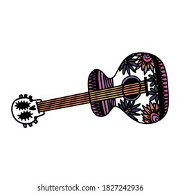 Day of the Dead - hand drawn sketch for mexican holiday Dia de los Muertos. Guitar with the image of a sugar skull, traditional flowers, candles. Vector illustration on isolated white background